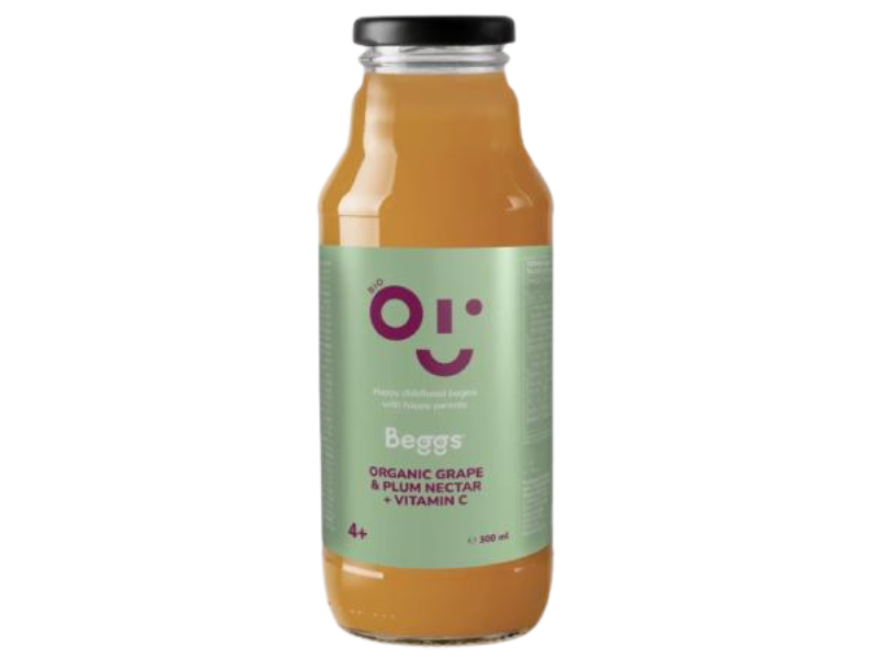 Zdjęcie przedstawia środek spożywczy Beggs BIO Nektar winogrona & śliwka 4+, płyn, 15 mg/100 ml.