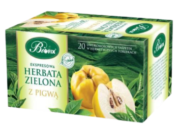 Zdjęcie przedstawia środek spożywczy BiFix Herbata zielona z pigwą, zioła do zaparzania.