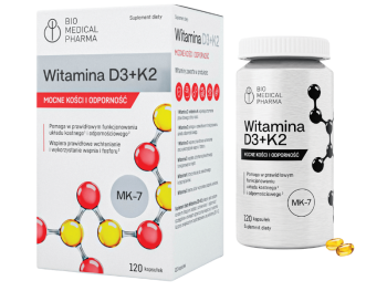 Zdjęcie przedstawia suplement diety Bio Medical Pharma Witamina D3 + K2 MK-7, kapsułki.