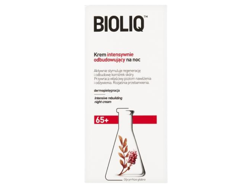 Zdjęcie przedstawia dermokosmetyk Bioliq 65+ Krem intensywnie odbudowujący na noc.