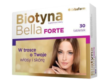 Zdjęcie przedstawia suplement diety Biotyna Bella Forte, tabletki, 10 000 µg.