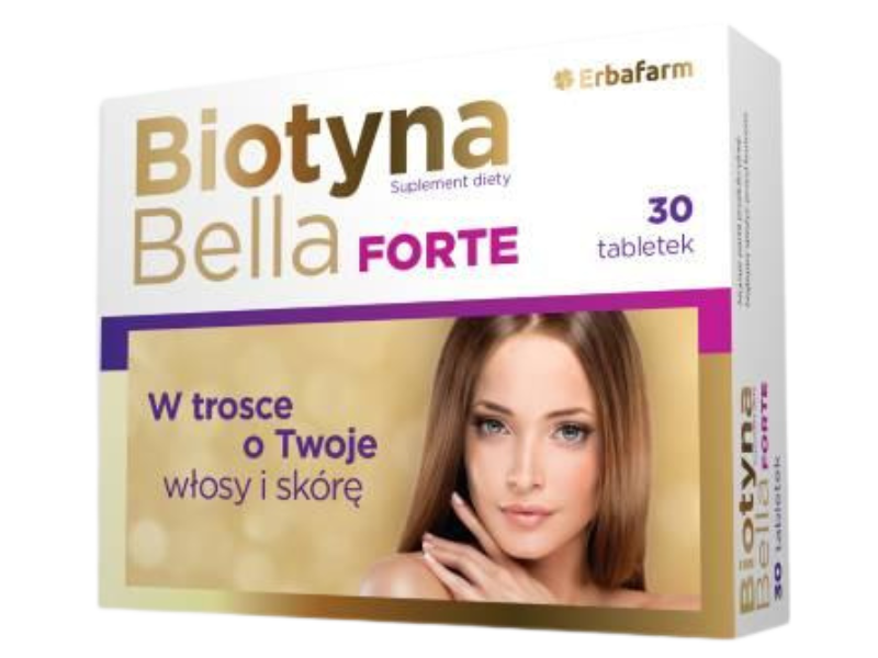 Zdjęcie przedstawia suplement diety Biotyna Bella Forte, tabletki, 10 000 µg.