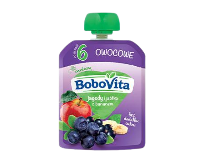 Zdjęcie przedstawia środek spożywczy BoboVita Mus jagody, jabłka, banan, 20 mg/100 g.