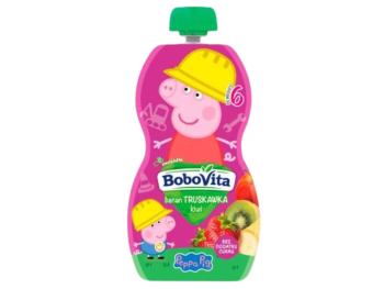 Zdjęcie przedstawia środek spożywczy BoboVita Świnka Peppa Mus banan truskawka kiwi po 6 miesiącu, 20 mg/100 g.