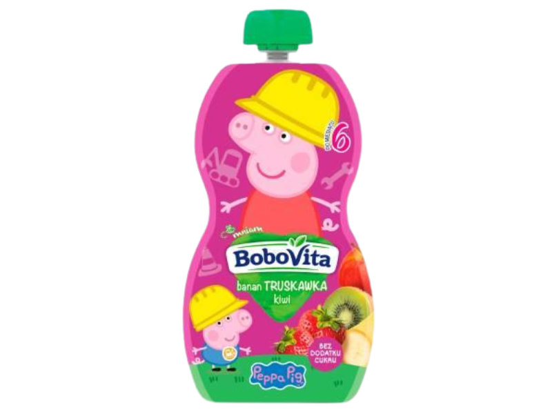 Zdjęcie przedstawia środek spożywczy BoboVita Świnka Peppa Mus banan truskawka kiwi po 6 miesiącu, 20 mg/100 g.