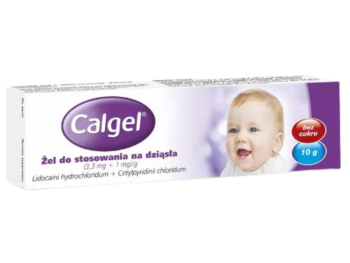 Zdjęcie przedstawia lek bez recepty Calgel żel DELFARMA, 3,3 mg/g + 1 mg/g.