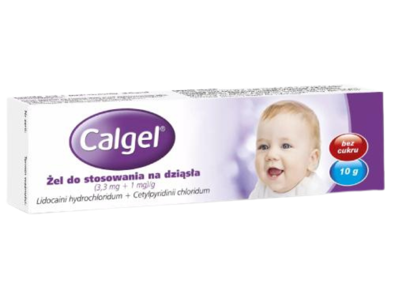 Zdjęcie przedstawia lek bez recepty Calgel żel DELFARMA, 3,3 mg/g + 1 mg/g.