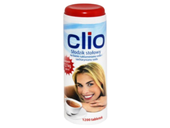 Zdjęcie przedstawia środek spożywczy Clio słodzik, tabletki.