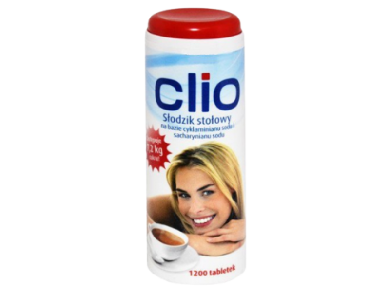 Zdjęcie przedstawia środek spożywczy Clio słodzik, tabletki.