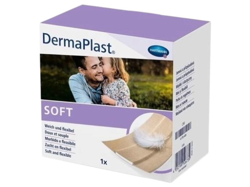 Zdjęcie przedstawia wyrób medyczny DermaPlast Soft Plaster z opatrunkiem.