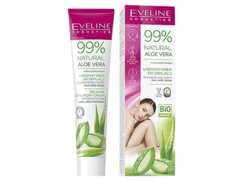 Zdjęcie przedstawia kosmetyk EVELINE 99% Natural Aloe Vera Łagodny krem do depilacji.