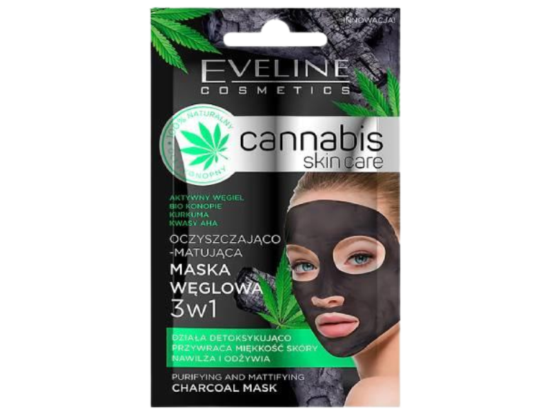 Zdjęcie przedstawia kosmetyk EVELINE Cannabis Skin Care Maska węglowa do twarzy 3w1.