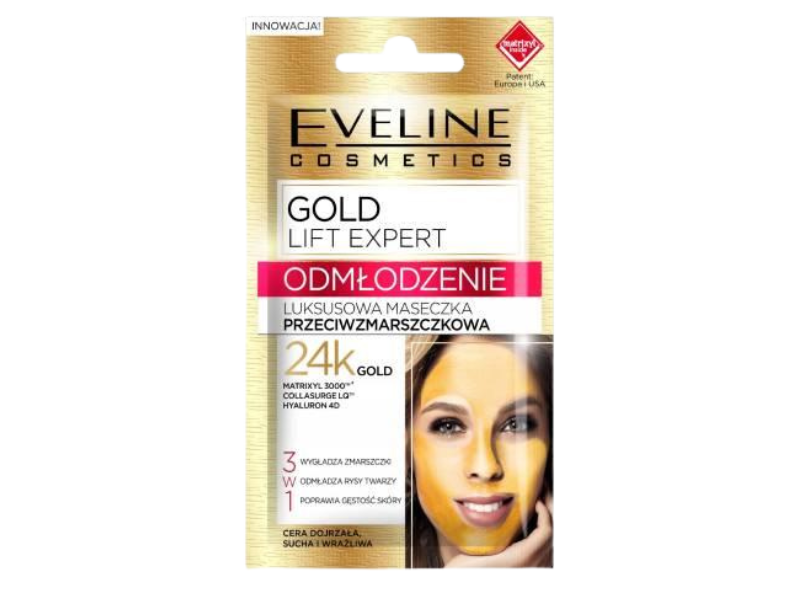 Zdjęcie przedstawia kosmetyk EVELINE Gold Lift Expert Odmłodzenie Luksusowa maseczka do twarzy przeciwzmarszczkowa, maska.
