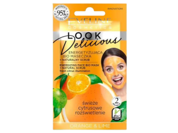 Zdjęcie przedstawia kosmetyk EVELINE Look Delicious Energetyzująca maseczka z naturalnym peelingiem Orange, maska.