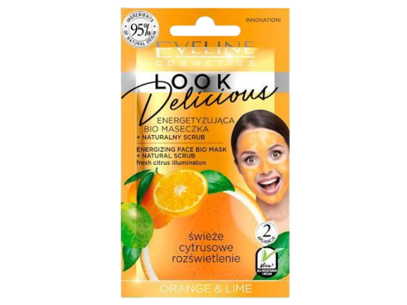 Zdjęcie przedstawia kosmetyk EVELINE Look Delicious Energetyzująca maseczka z naturalnym peelingiem Orange, maska.
