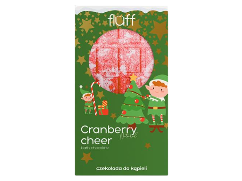 Zdjęcie przedstawia dermokosmetyk FLUFF Musująca czekolada do kąpieli Cranberry Cheer, kostki.