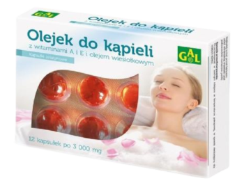 Zdjęcie przedstawia dermokosmetyk GAL Olej do kąpieli z witaminami A i E i olejem wiesiołkowym, kapsułki.