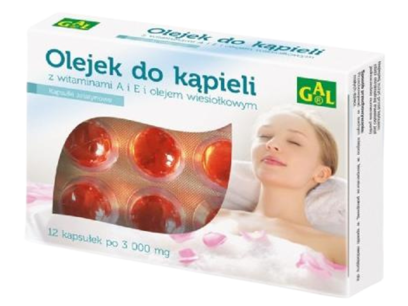 Zdjęcie przedstawia dermokosmetyk GAL Olej do kąpieli z witaminami A i E i olejem wiesiołkowym, kapsułki.