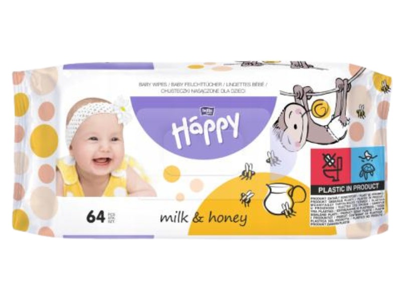 Zdjęcie przedstawia dermokosmetyk HAPPY Milk&Honey Chusteczki nawilżane dla dzieci.