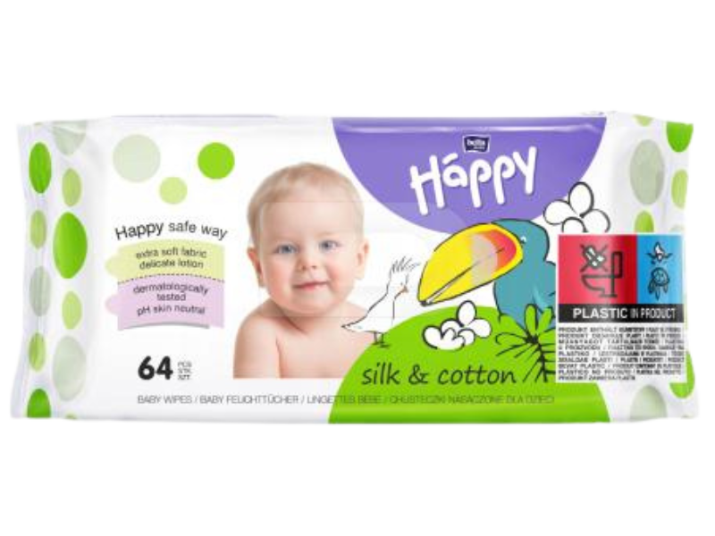 Zdjęcie przedstawia dermokosmetyk HAPPY Silk&Cotton Chusteczki nawilżane dla dzieci.