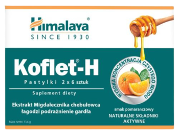 Zdjęcie przedstawia suplement diety HIMALAYA Koflet-H smak pomarańczowy, pastylki do ssania.