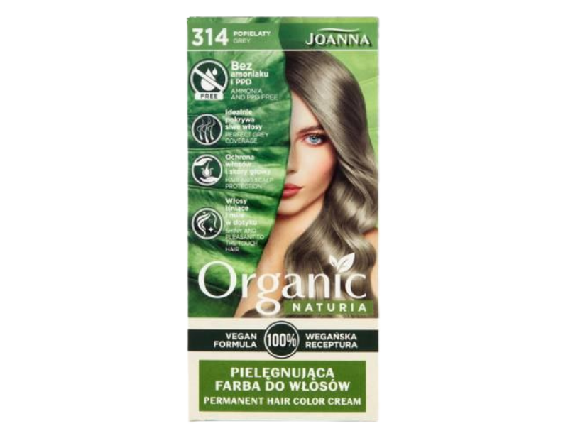 Zdjęcie przedstawia kosmetyk JOANNA NATURIA ORGANIC VEGAN Farba 314 popielaty, krem.