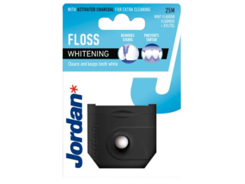 Zdjęcie przedstawia kosmetyk JORDAN Whitening Wybielająca nić do zębów z fluorkiem, nić dentystyczna.