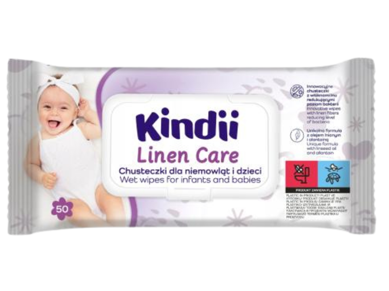 Zdjęcie przedstawia wyrób medyczny KINDII Linen Care Chusteczki nawilżane dla niemowląt i dzieci.