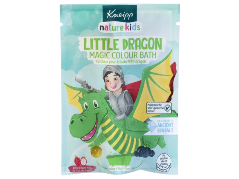 Zdjęcie przedstawia kosmetyk KNEIPP nature kids Magiczna dwukolorowa sól do kąpieli Siła smoka Smoczy owoc, produkt sypki.