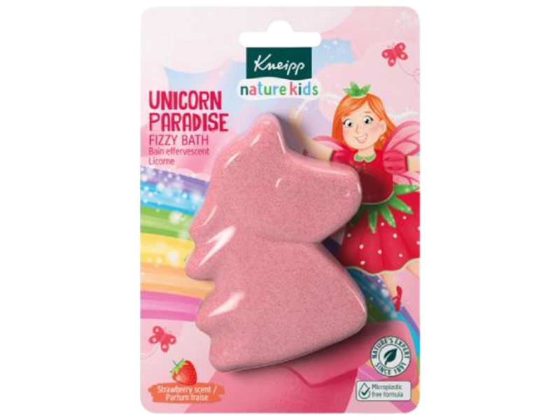 Zdjęcie przedstawia dermokosmetyk KNEIPP nature kids Musująca figurka do kąpieli Kraina Jednorożców Truskawka.