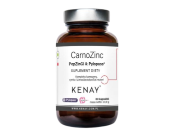 Zdjęcie przedstawia suplement diety Kenay CarnoZinc PepZinGI & Pylopass, kapsułki