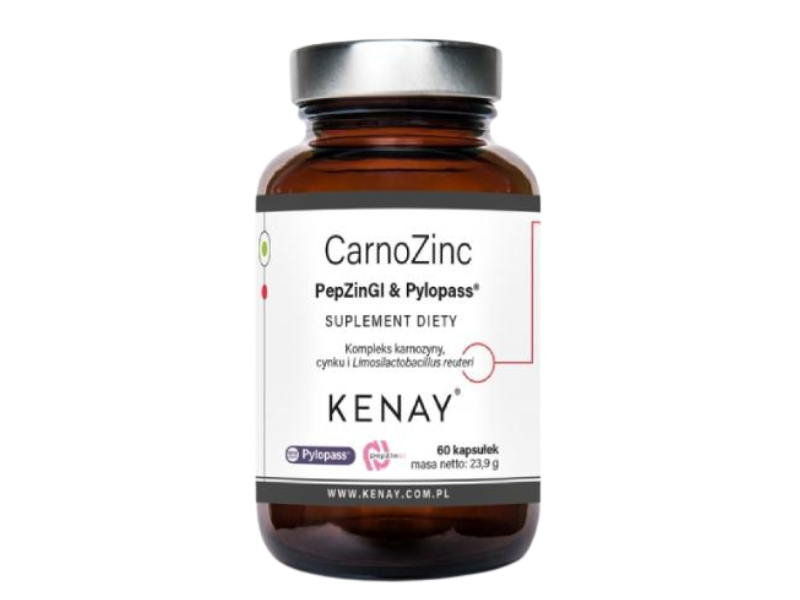 Zdjęcie przedstawia suplement diety Kenay CarnoZinc PepZinGI & Pylopass, kapsułki