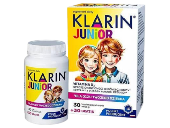 Zdjęcie przedstawia suplement diety Klarin Junior Dla oczu twojego dziecka, tabletki powlekane.
