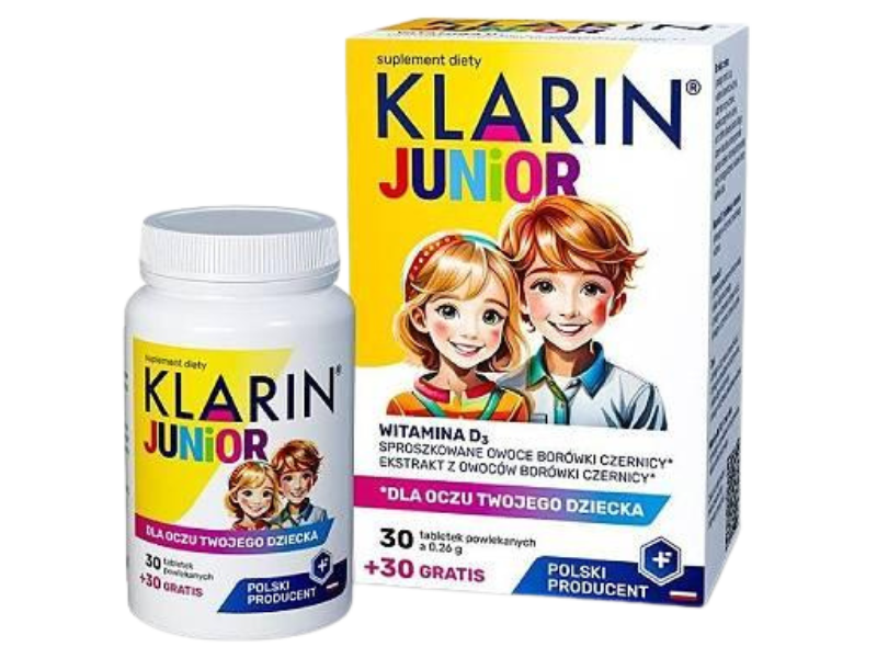 Zdjęcie przedstawia suplement diety Klarin Junior Dla oczu twojego dziecka, tabletki powlekane.