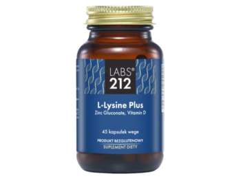 Zdjęcie przedstawia suplement diety LABS212 L-Lysine Plus Lizyna + Cynk + Witamina D, kapsułki.