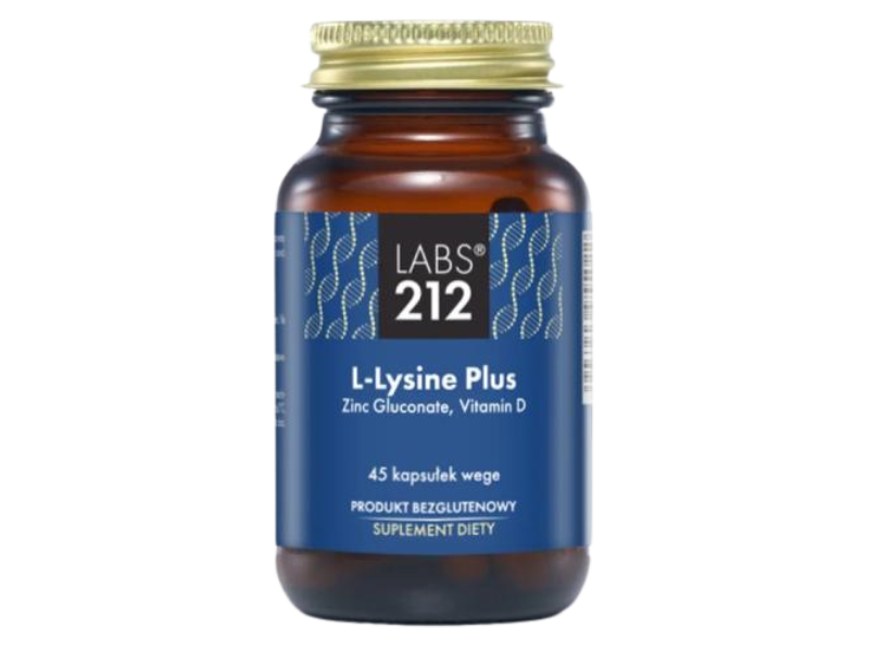 Zdjęcie przedstawia suplement diety LABS212 L-Lysine Plus Lizyna + Cynk + Witamina D, kapsułki.