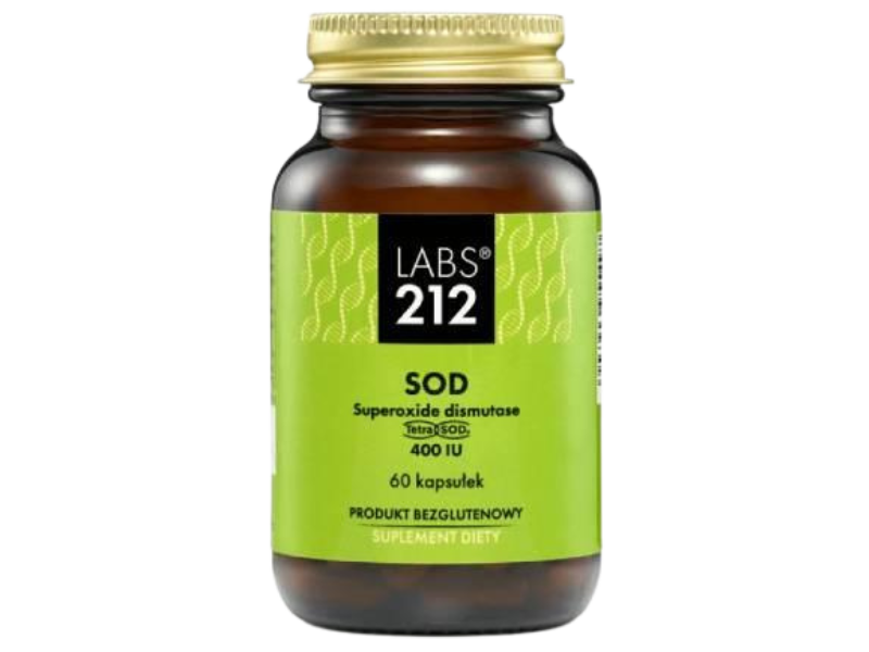 Zdjęcie przedstawia suplement diety LABS212 SOD superoxide dismutase, kapsułki, 13,3 mg.