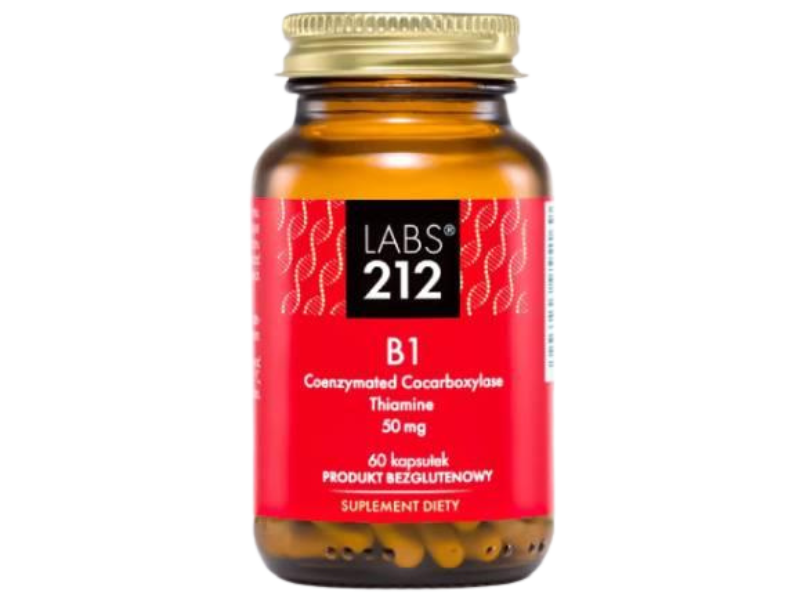 Zdjęcie przedstawia suplement diety LABS212 Witamina B1 Kokarboksylaza z Tiaminą, kapsułki, 50 mg.
