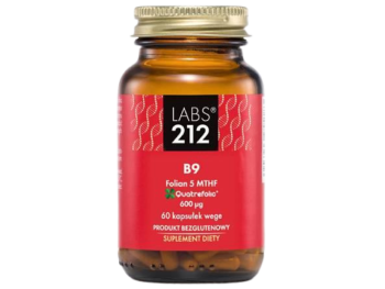 Zdjęcie przedstawia suplement diety Labs212 B9 Folian 5-MTHF, kapsułki, 600 µg.