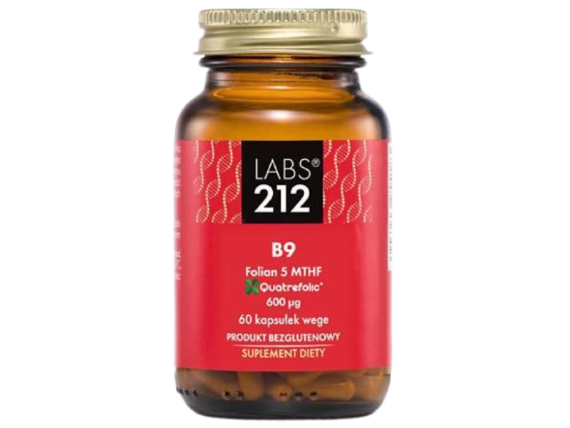 Zdjęcie przedstawia suplement diety Labs212 B9 Folian 5-MTHF, kapsułki, 600 µg.