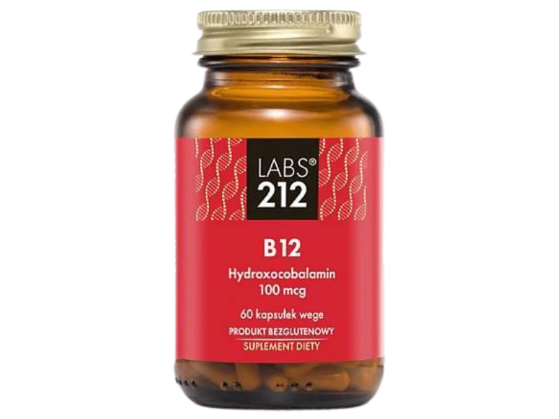 Zdjęcie przedstawia suplement diety Labs212 Witamina B12 Hydroksykobalamina, kapsułki, 100 µg.