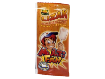 Zdjęcie przedstawia suplement diety MULTI FAN LOLLY Lizak o smaku pomarańczowym bez cukru.