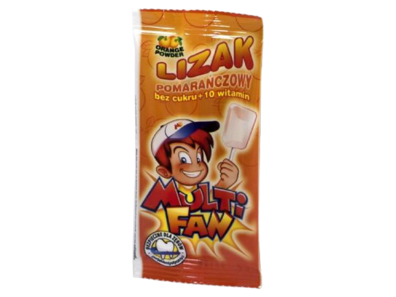 Zdjęcie przedstawia suplement diety MULTI FAN LOLLY Lizak o smaku pomarańczowym bez cukru.