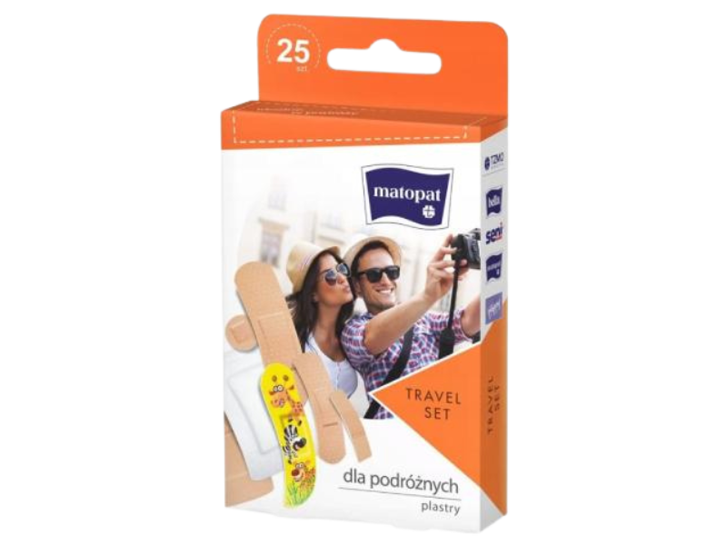 Zdjęcie przedstawia wyrób medyczny Matopat TRAVEL SET Plastry dla podróżnych z opatrunkiem.