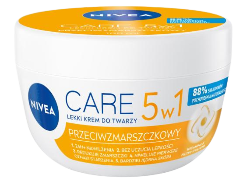Zdjęcie przedstawia kosmetyk NIVEA Care 5w1 Przeciwzmarszczkowy lekki krem do twarzy.