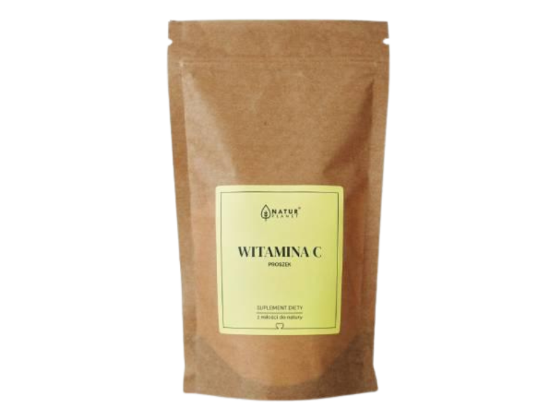 Zdjęcie przedstawia suplement diety NaturPlanet Kwas L-Askorbinowy Witamina C, proszek, 1000 mg.