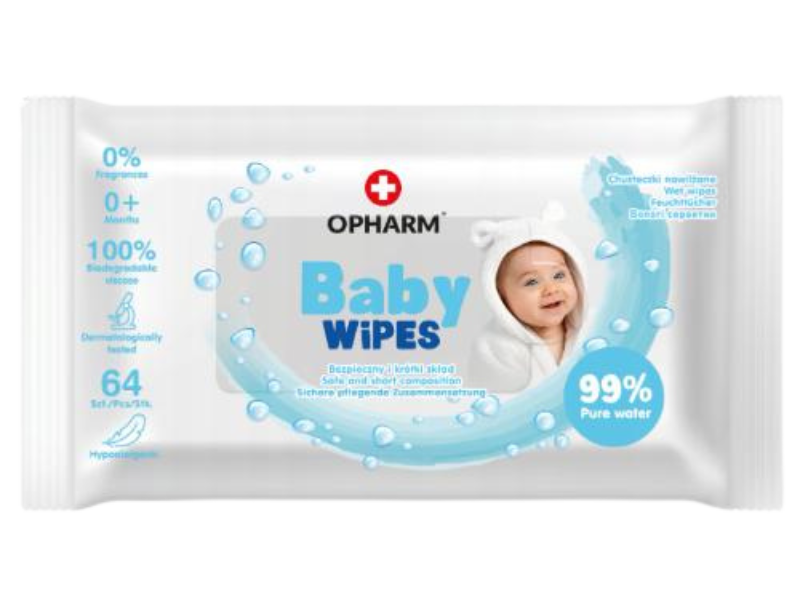 Zdjęcie przedstawia kosmetyk Opharm Baby Wipes Chusteczki nawilżane dla dzieci.