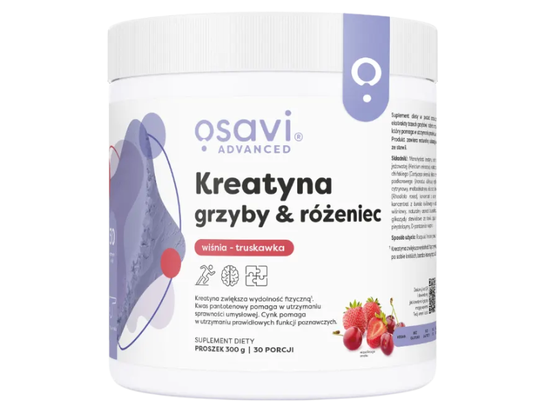 Zdjęcie przedstawia suplement diety Osavi Advanced Kreatyna, grzyby & różeniec, proszek.