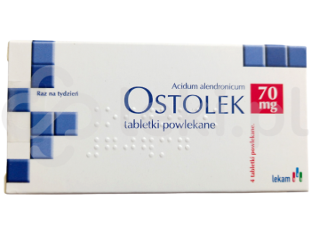 Zdjęcie przedstawia lek na receptę Ostolek, tabletki powlekane, 70 mg.
