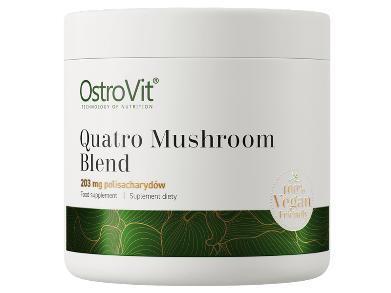 Zdjęcie przedstawia suplement diety OstroVit Quatro Mushroom Blend VEGE, proszek.